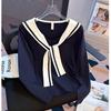 Camiseta de Manga Larga con Cuello Azul Marino, Cordones, Chal, Diseño Nuevo Primavera y Otoño 2025, Top Corto con Pliegues en la Cintura para Mujer