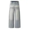 Jeans de Cintura Alta Desbotado Lavado Estilo Streetwear Americano para Homens e Mulheres, Calça Reta de Perna Larga Comprimento Total com Patchwork Desconstruído Marca Tendência