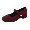 Zapatos Mary Jane Rojos de Gamuza para Mujer, Estilo Retro Nuevo Primavera, Tacón Grueso Cómodo, Boca Baja, Correa Única