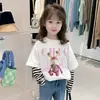 G2345 # Camiseta de Algodão Puro Manga Longa 2025 Nova Coleção Primavera e Outono Camiseta Top Infantil Bebê Camisa Base Falsa de Duas Peças para Mulheres