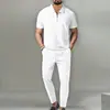 2026 Nuevo Verano Transfronterizo Europeo y Americano para Hombre Traje de Color Sólido Cuello Waffle Media Cremallera Pantalón Largo Conjunto de Dos Piezas