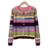 Cardigan de Tricô Colorido Estilo Europeu Transfronteiriço para Mulheres Primavera Novo Gola V Listrado Vazado Base Top Suéter de Manga Longa