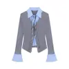 Nuevo Diseño de Otoño Cárdigan Corto de Punto Falso de Dos Piezas Estilo Universitario de Primavera Chica Hot Color Contrastante Top Interior para Mujer