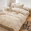 Juego de cuatro piezas de algodón puro Clase A para dormir sin nada, estilo ins de algodón fresco lavado con estampado de dibujos animados para dormitorio, juego de tres piezas con sábana bajera