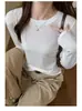 Top de manga larga de color liso para mujer para primavera y otoño, hecho de Tencel y lana, corte ajustado, favorecedor, versátil, cuello redondo, fino