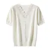 Tricô Francês com Decote em V e Renda Costurada, Manga Curta para Mulheres, Novo Estilo Verão 2026, Blusa Camiseta Fashion