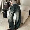 Foto Real Vintage Chenille Jacquard Espesso Jeans Wide Leg Feminino Solto Perna de Tesoura Emagrecimento Caimento Outono