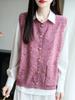 Colete Cardigan Tricotado Redondo de Veludo Amigo da Pele para Mulheres com Fio Floral, Bolso, Sem Manga Camada Superior Outono/Inverno 2025