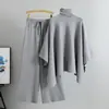 Amazon Transfronteiriço Moda Solta Elegante Conjunto Feminino Outono e Inverno Gola Alta Capa Suéter de Malha Calças de Perna Larga Conjunto de Duas Peças