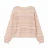 Top de punto hueco con degradado de un hombro para mujer, manga larga primavera/otoño, rayas horizontales rosas, suéter de punto holgado, en stock