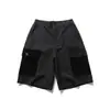 Shorts Jeans Patchwork de Veludo Coteleê Estilo Americano Retrô, Versátil para Streetwear de Verão e Workwear, Perna Larga, Comprimento no Joelho
