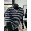 Camiseta Masculina Henley Listrada Retro Americana Manga Curta Fina Tendência Marca Design Sense Nicho Polo Manga Meia Manga