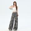 Pantalones de Cuadros de Encaje Shangya 033 Nuevos para Mujer de Pierna Ancha Cintura Alta Aspecto Adelgazante Sueltos Caídos Casuales