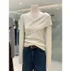 Elegante top de punto coreano para mujer con cuello en V y manga larga, nueva colección de otoño, color liso, estilo simple, camiseta básica ajustada