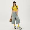 YC & 2 Colores Americano Retro Cintura Alta Sueltos Pierna Ancha Pantalones Joker Capri Pantalones Cortos Jeans Rectos para Mujer Primavera y Verano