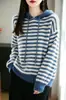 Moletom listrado de lã pura para mulheres, casual, suéter de tricô macio e confortável, caimento solto, efeito emagrecedor, top pullover versátil para outono e inverno