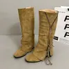 Botas, salto grosso, estilo Western, retrô francês, jeans, 2026, botas longas femininas, cano alto, bico redondo, botas da moda, novo estilo, zíper lateral