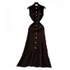 Vestido de Punto Delgado con Botones Metálicos, Cuello Redondo, Sin Mangas, Estilo Chanel, Transfronterizo, para Mujer, Nuevo Estilo 26, Ceñidor de Cintura, Largo