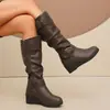 Botas de cano médio para mulheres, tamanho plus size, nova coleção primavera/outono, marrom, salto grosso, estilo retrô, cano alto, estilo americano, botas western, botas de equitação, para adultos