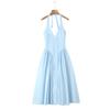 Vacaciones en la playa Elegante Azul Cintura Ceñida Cuello Vestido Midi para Mujer Puro Europeo y Americano Vestido Sin Espalda con Cordones