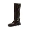 Estação Europeia Couro Integral Fivela Ajustável Botas de Cavaleiro 2026 Outono Inverno Salto Médio Robusto Bico Redondo Couro Genuíno Cano Alto Botas Longas Femininas