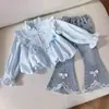Conjunto de Blusa de Botón y Pantalones Acampanados para Niña 2026 Nuevo Primavera y Otoño Manga Larga Camisa tipo Muñeca con Encaje y Moño Pantalones Acampanados