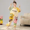 Pijama de una pieza de verano fino para niñas, manga corta, algodón puro, estilo de dibujos animados, corte holgado, ropa de casa para bebés y niños que se puede usar en el exterior
