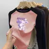 Ropa interior térmica cálida para niñas, nueva, versátil, cuello redondo, estampado de dibujos animados, con paneles, manga larga, para niños pequeños y medianos, camiseta top