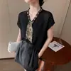Blusa de Tencel estilo francés con cuello en V y mangas acampanadas, adornada con un pañuelo de seda, con un elegante diseño de manga, transpirable y agradable para la piel, una pieza elegante para primavera-verano