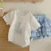 Conjunto Lindo y Elegante para Niñas Verano 2026 Nuevo Top Camiseta de Algodón + Pantalones Cortos tipo Bloomers a Cuadros Conjunto de Dos Piezas Super Hermoso