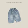 Calça Jeans Infantil com Bainha Dobrada para Primavera e Outono, Calça Wide Leg Xadrez com Punho para Bebê, Calça Jeans Macio Vintage Lavado para Meninos