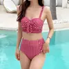 Nuevo Bikini Sexy de Cuadros Rojos Estilo Ins de Cintura Alta que Cubre el Vientre Aspecto Adelgazante Traje de Baño Dividido Bikini para Mujer