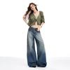 Jeans Lavados de Denim Resistentes con Tachuelas y Pedrería Estilo Retro Americano para Mujer, Nuevos Pantalones de Otoño Sueltos Adelgazantes de Pierna Ancha hasta el Suelo