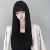 Peruca feminina para cabelos médios e longos, estilo japonês Lolita Comic, franja natural, cabelo preto longo e liso, acessório completo para a cabeça.