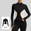 Chaqueta de yoga de bloques de color, corte ajustado, para mujer, manga larga, alta elasticidad, entallada a la cintura, top atlético para fitness, cárdigan para correr y entrenamiento