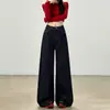 Jeans Retro Azul Escuro de Perna Larga Feminino 2026 Primavera/Outono Novo Cintura Alta Emagrecedor Solto Caimento Fluido Comprimento Total Calças