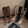Botas Longas Femininas de Camurça Bico Redondo Salto Grosso Estilo Coreano 2026 Outono/Inverno Botas Longas de Salto Fino Acima do Joelho