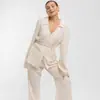 Traje de Pantalón Largo de Algodón Crepé, Moda Transpirable para Casa, Pijama, Conjunto de Pijama para Mujer