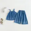 Conjunto de Dos Piezas para Bebés Niñas: Chaleco Dianxi de Verano Nuevo Simple Bordado con Borde Deshilachado y Pantalones de Mezclilla Anchos Casuales