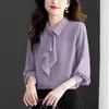 Camisa de Chiffon com Fita Estilo Francês para Mulheres, Novo Design Primavera 2026, Blusa Longa da Moda e Juvenil