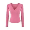 Camiseta puramente seductora de cuello en V cruzado y manga larga, nuevo estilo de otoño, sexy y versátil, corte ajustado, corta, top base de color liso
