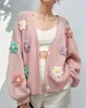 2026 Amazon transfronterizo cárdigan de punto con botones para mujer, estampado floral, suéter holgado de manga larga, estilo dulce y fresco