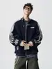 Sudadera con capucha de punto patchwork deconstruido americano con cuello alto para hombre, Otoño Retro Marca de moda Rayas Deportiva Casual Chaqueta Ropa de abrigo