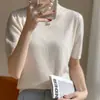 Moda Meia Gola Alta Cor Sólida Mulheres Pulôver Manga Curta Lã Penteada Solta Casual Primavera e Verão Nova Chegada Camisola Meia Manga