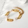Seleções de Influenciadores do Ins Pulseira de Aço Inoxidável Banhado a Ouro 18K com Pérolas de Água Doce Barrocas e Espaçadores de Corrente Retangulares, Mesmo Estilo do Ins