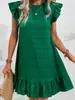 Nueva minifalda de color liso con textura de cintura alta en línea A para mujer 2026 Moda europea y americana vestido juguetón con mangas acampanadas para mujer