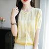 Cardigan de Tricô Redondo Novo para Primavera e Verão 2025 com Recortes e Padrão de Gancho Design Solto Top Feminino de Renda
