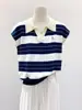 Camisa Base de Rayas Bloque de Color Dulce con Cuello Polo para Mujer, Top de Punto de Hombro Normal de Manga Corta Volante de Verano, Camiseta Fina de Manga Corta