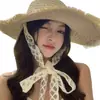 Sombrero de Paja Tejido con Cordones de Encaje para Mujer, Sombrero de Verano para Viaje con Ala Ancha, Sombrero de Protección Solar, Sombrero de Playa con Protección UV