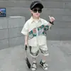 Conjunto de Camisa Bordada Patchwork para Niños, Atuendo Casual de Dos Piezas de Manga Corta para Niños en Verano, Ropa Elegante para Niños Pequeños